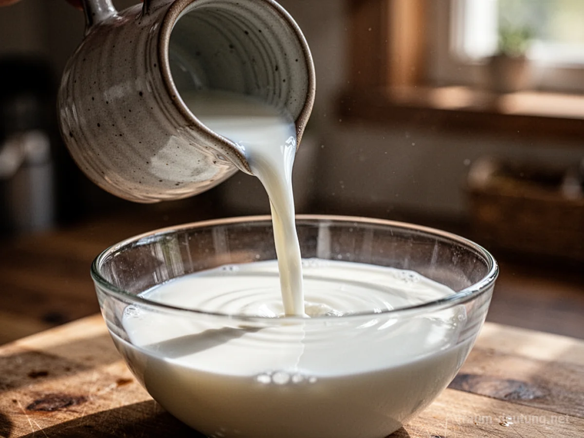 Traumsymbol Milch: Weiße Milch wird aus einem rustikalen Krug in eine Glasschale gegossen, umgeben von einer warmen, diffusen Lichtatmosphäre.