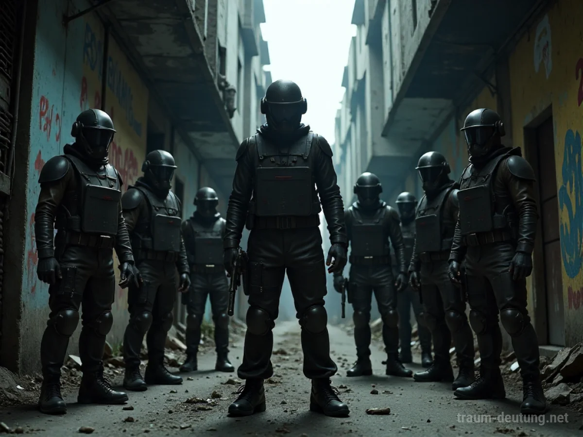 Traumsymbol Miliz: Eine Gruppe verunsicherter Personen in improvisierter Schutzkleidung mit Waffen steht in einer düsteren, schattigen Gasse, während spärliches Mondlicht die angespannte Atmosphäre beleuchtet.