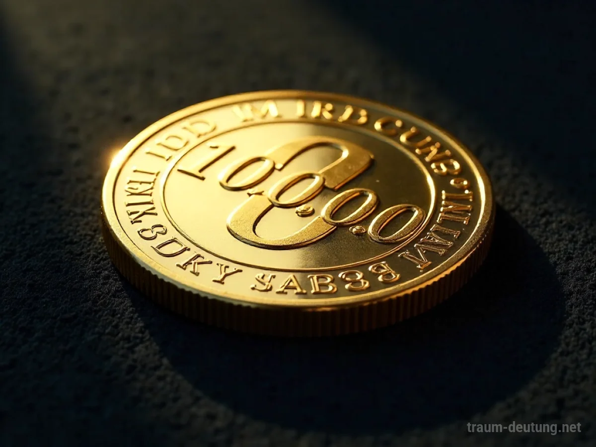 Traumsymbol Million: Eine riesige, schimmernde Goldmünze mit der Aufschrift '1.000.000' liegt auf dunklem Samt, beleuchtet von einem sanften, eigenen Licht.