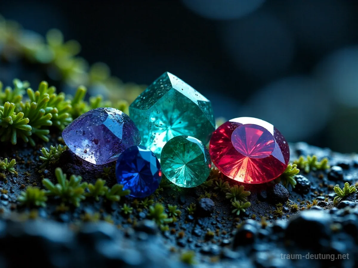 Traumsymbol Mineral: Unverarbeitete Edelsteine wie Saphire, Smaragde und Rubine liegen auf feuchtem Höhlenboden, beleuchtet von sanft leuchtendem Moos.