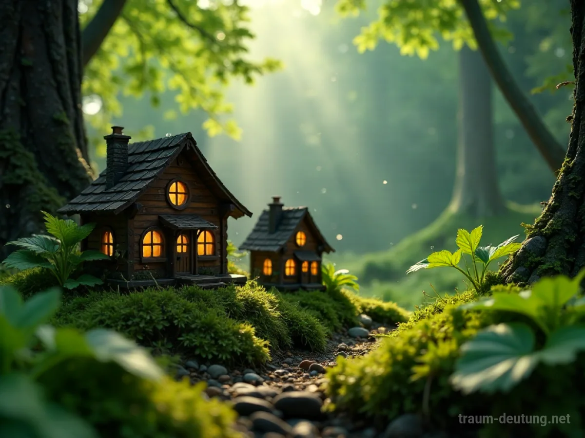 Traumsymbol Miniatur: Ein winziges, detailreiches Holzhausdorf liegt eingebettet auf einem moosbewachsenen Waldboden, beleuchtet von sanften Sonnenstrahlen und winzigen Fenstern.