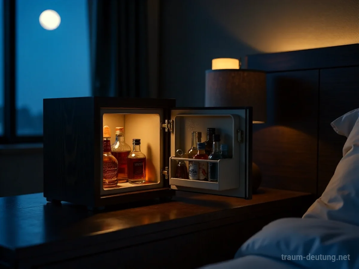 Traumdeutung Minibar: Eine geöffnete Minibar in einem spärlich beleuchteten Hotelzimmer bei Nacht, gefüllt mit kleinen Flaschen und Snacks, beleuchtet von warmem Innenlicht und Mondschein.