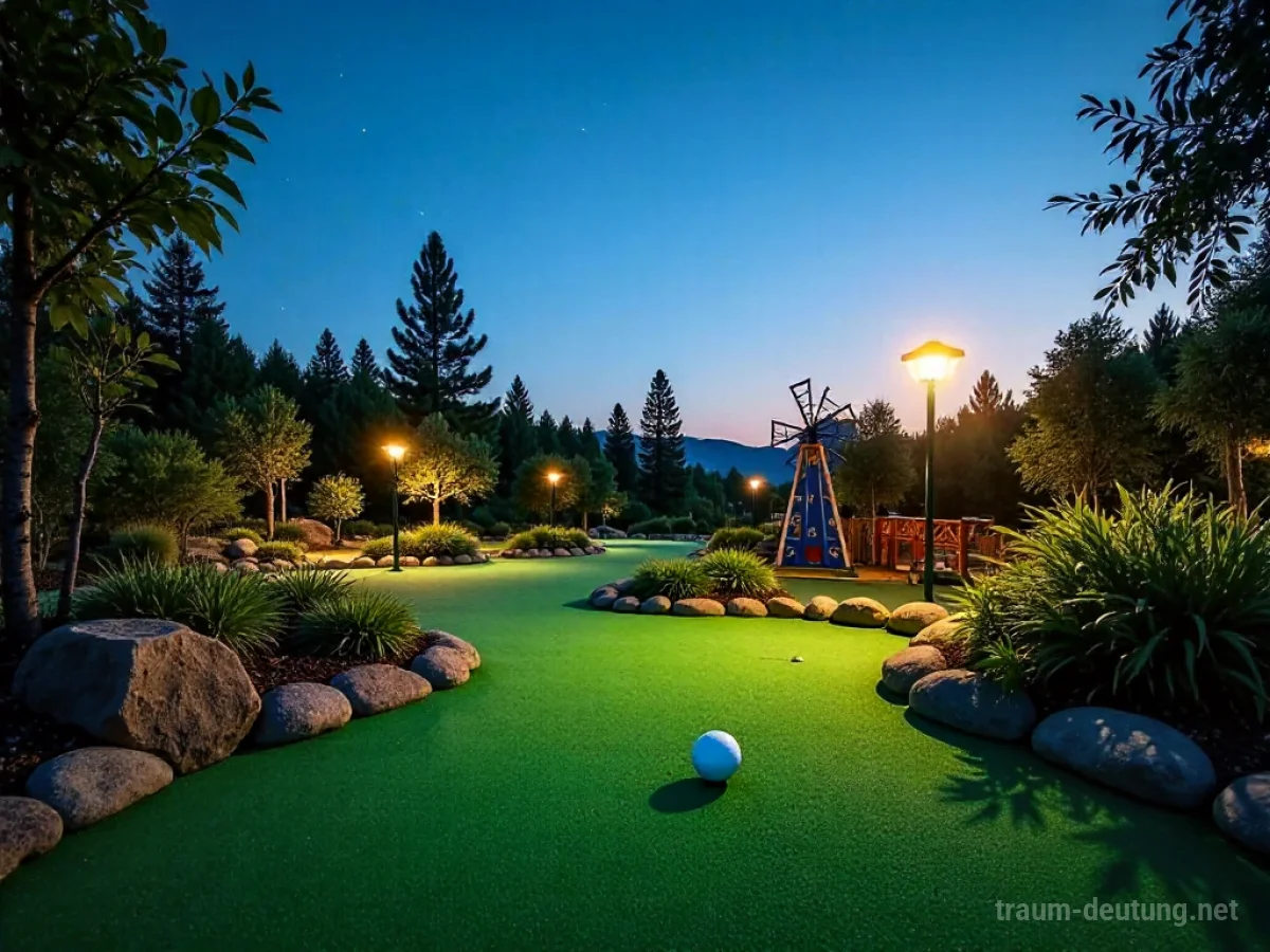 Traumsymbol Minigolf: Ein Minigolfplatz bei Dämmerung mit bunten Hindernissen und warmem Licht, ein Ball auf dem Abschlag.