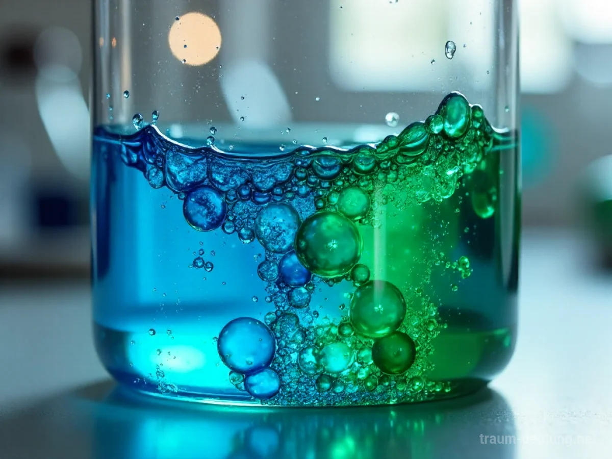 Traumdeutung Mischen: Zwei Flüssigkeiten, tiefes Saphirblau und leuchtendes Smaragdgrün, wirbeln in einem Glasbehälter ineinander und bilden komplexe Muster unter weichem Licht.