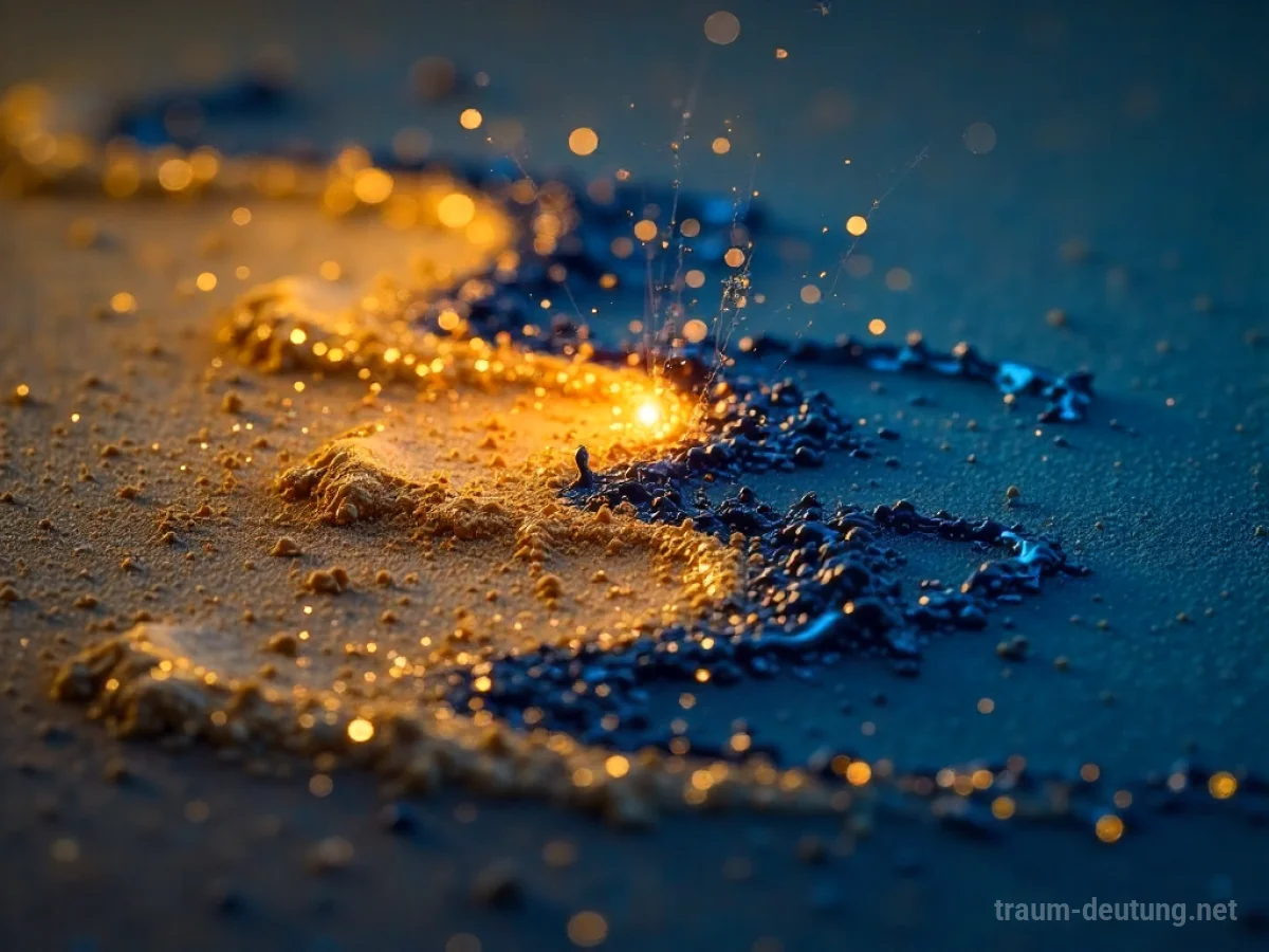 Traumsymbol Mischung: Zwei flüssige Elemente, flüssiges Gold und indigoblaue Tinte, verschmelzen in einer surrealen Dämmerungslandschaft mit schimmernden Partikeln.