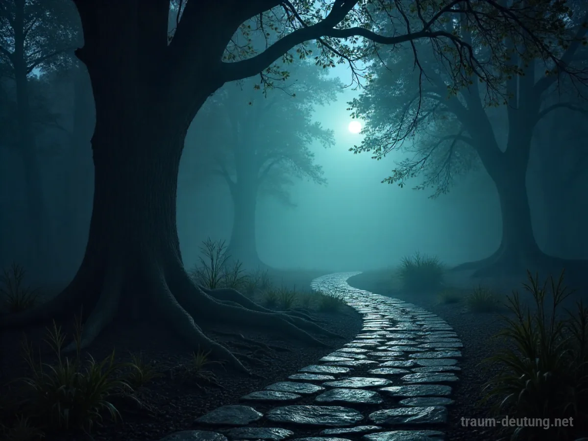 Traumdeutung Mist: Dichter, wirbelnder Nebel verhüllt einen schwach beleuchteten, kopfsteingepflasterten Pfad in einem dichten, alten Wald, durchdrungen von Mondlicht.