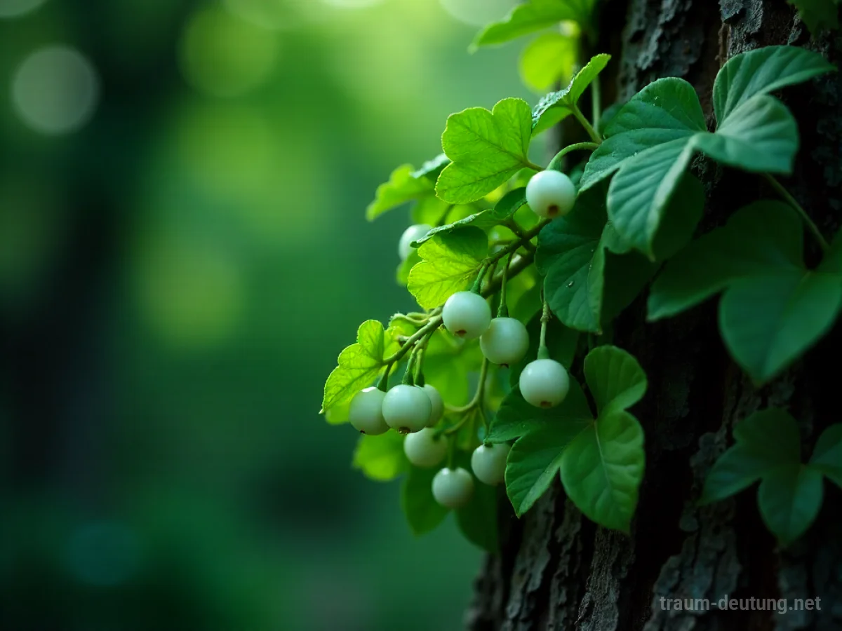 Traumsymbol Mistel: Eine Mistel mit weißen Beeren hängt an einem alten Baum im Mondlicht, umgeben von Tau und einem ätherischen Schein.