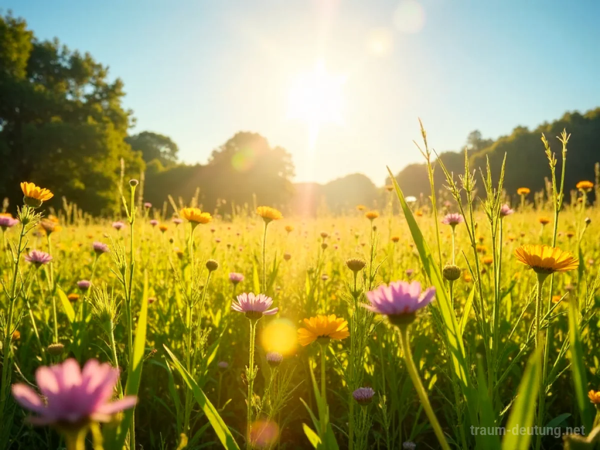 Traumsymbol Mittag: Eine sonnenbeschienene Blumenwiese im Zenit des Tages mit intensivem goldenem Licht und kurzen Schatten.