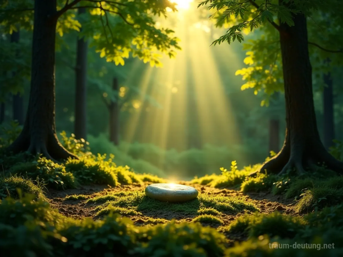Traumsymbol Mitte: Ein leuchtender weißer Stein ruht in einer friedlichen Waldlichtung, umgeben von moosigem Boden und gefiltertem Sonnenlicht.