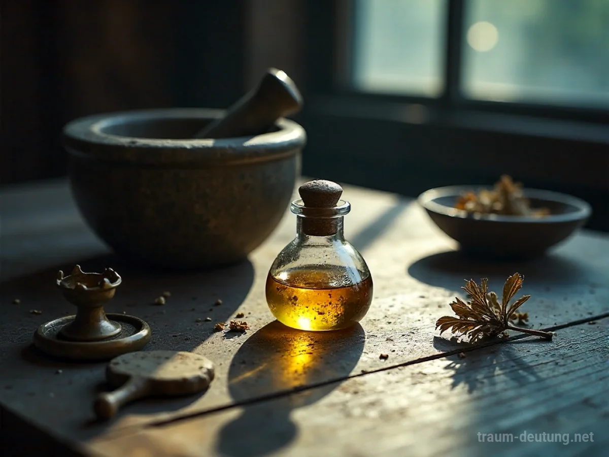 Traumdeutung Mittel: Antike alchemistische Werkzeuge auf einem dunklen Holztisch, beleuchtet von mystischem Mondlicht, mit einem goldenen Elixier im Zentrum.