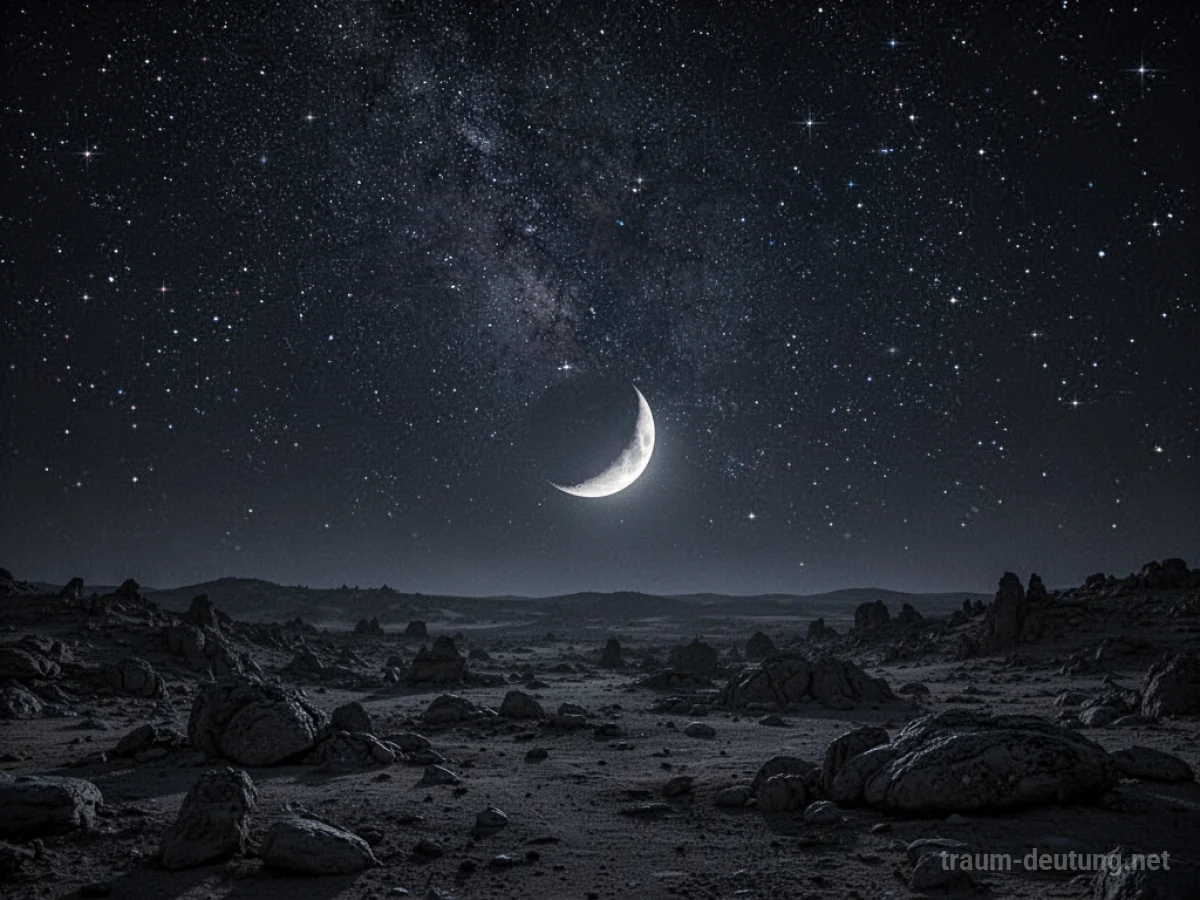 Traumsymbol Mitternacht: Ein klarer, sternenübersäter Nachthimmel über einer dunklen, felsigen Landschaft mit einem schmalen Mond, der eine gespenstische Beleuchtung wirft.