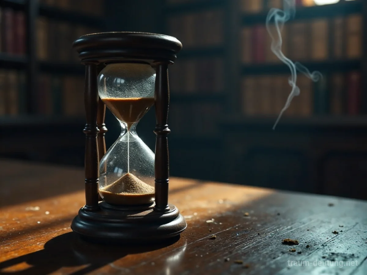 Traumsymbol Mittwoch: Eine verwitterte Sanduhr steht auf einem dunklen Holztisch, der Sand ist mitten im Fluss erstarrt, umgeben von einer nebligen Bibliothek.