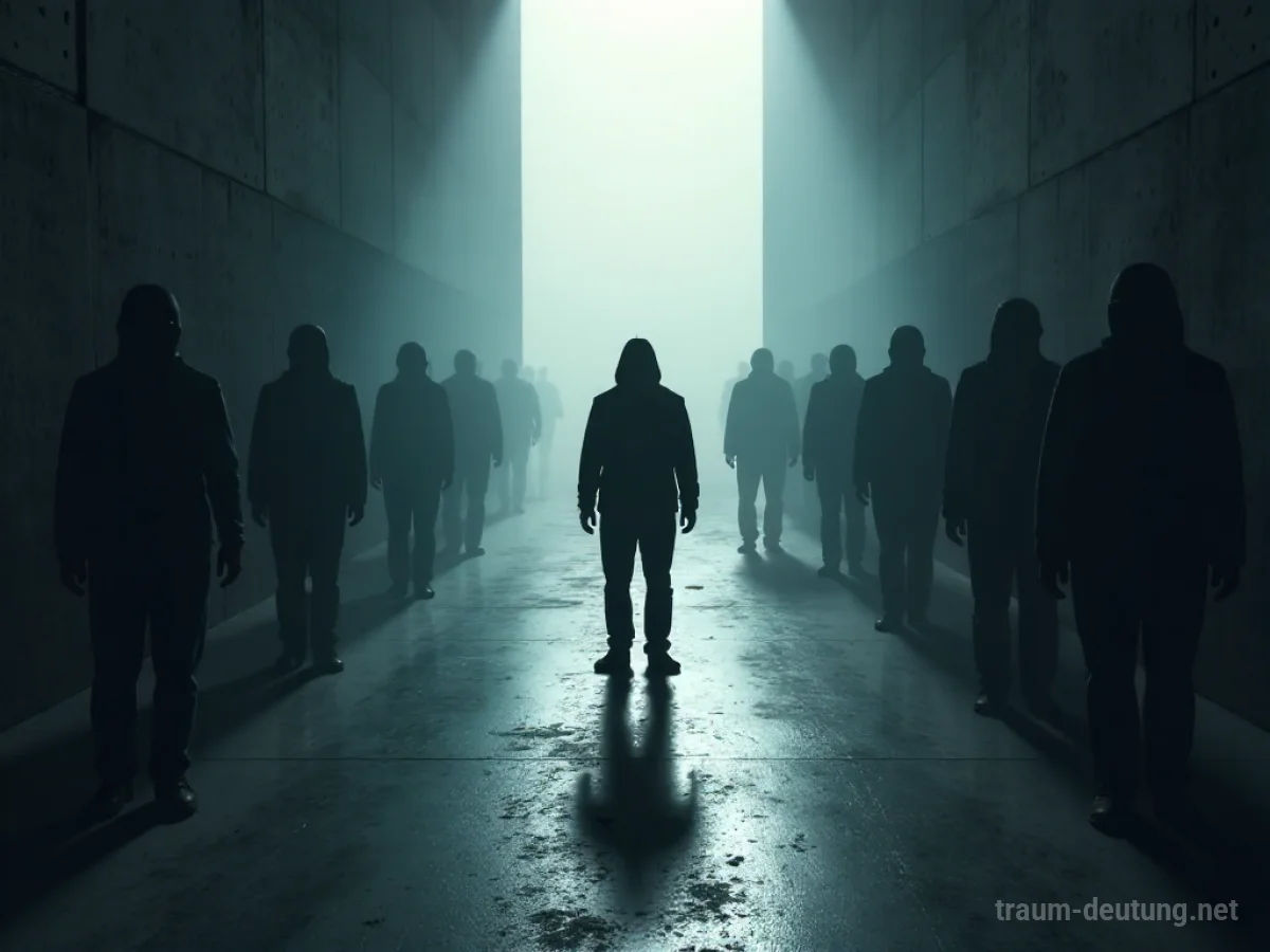 Traumsymbol Mobbing: Eine einsame, schattenhafte Gestalt steht isoliert in einem dunklen, bedrückenden Raum, umgeben von angedeuteten, bedrohlichen Silhouetten.