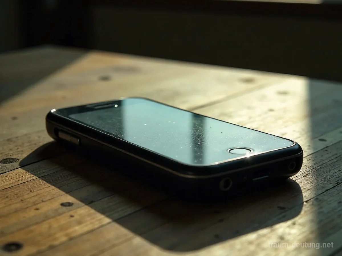 Traumdeutung Mobil: Ein altes Mobiltelefon liegt auf einem Holztisch, das schwach beleuchtete Display zeigt ein abstraktes Muster im gedämpften Licht.
