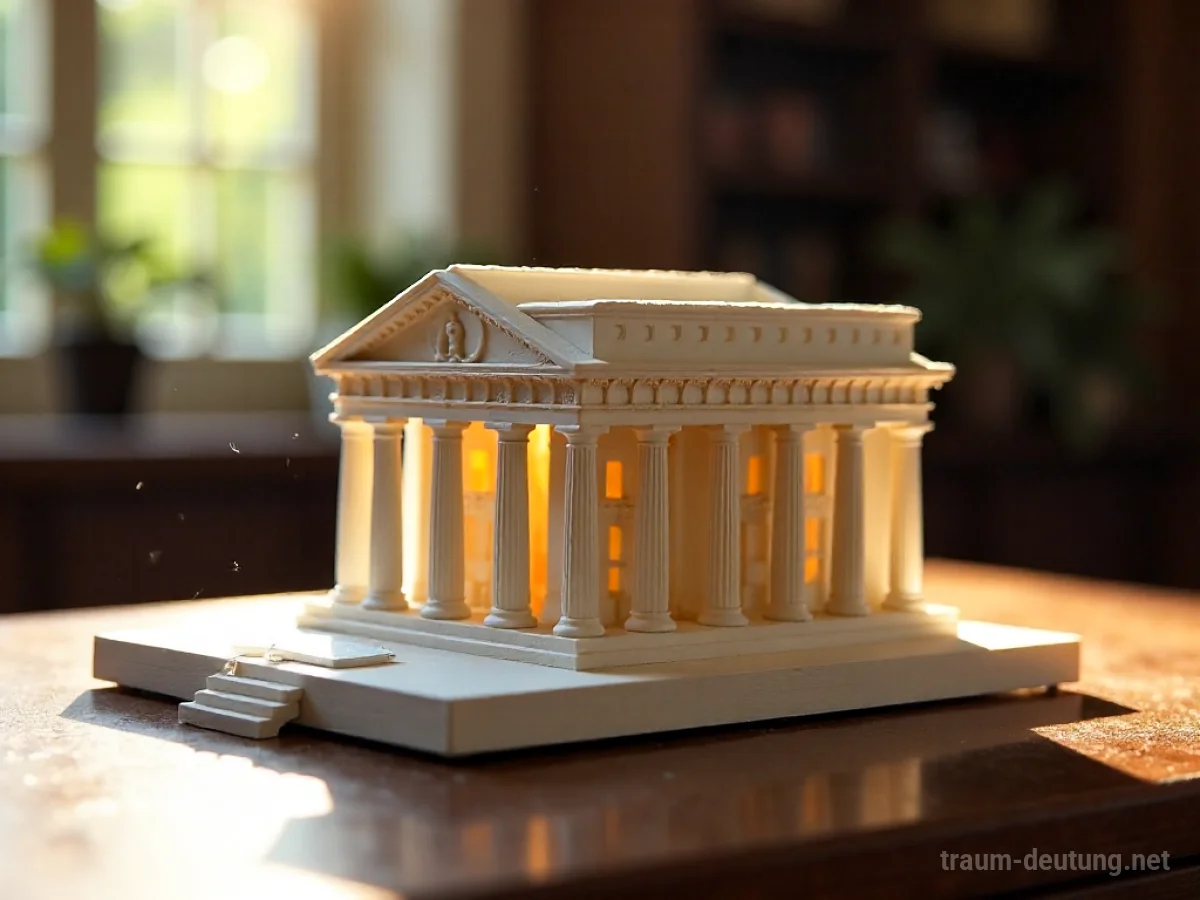 Traumdeutung Modell: Ein detailliertes architektonisches Miniaturmodell eines neoklassizistischen Gebäudes steht auf einem dunklen Holztisch im sanften Licht.