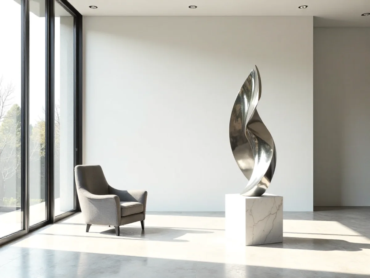 Traumsymbol Modern: Ein minimalistisches Wohnzimmer mit polierter Chrom-Skulptur und Tageslicht.