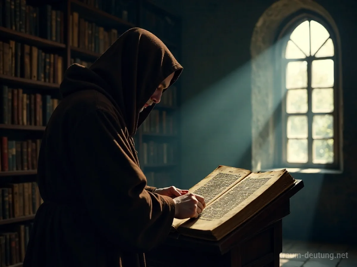 Traumsymbol Mönch: Ein Mönch in dunklem Habit sitzt in einer alten Klosterbibliothek und liest in einem beleuchteten Manuskript, beleuchtet von einem Mondstrahl.