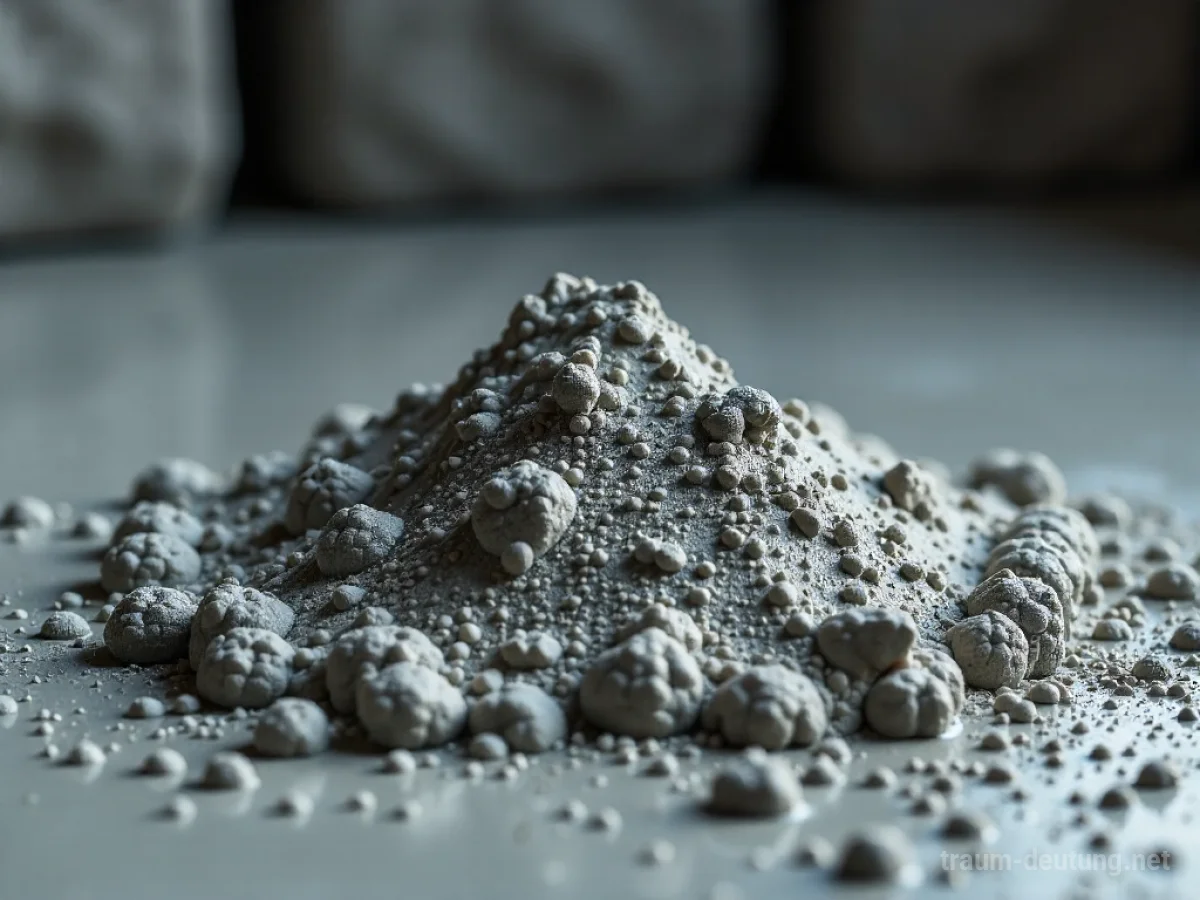 Traumsymbol Mörtel: Nasse, graue Mörtelmasse mit sichtbaren Sandkörnern und Steinen, die im Vordergrund glänzt, umgeben von unscharfen Steinblöcken.