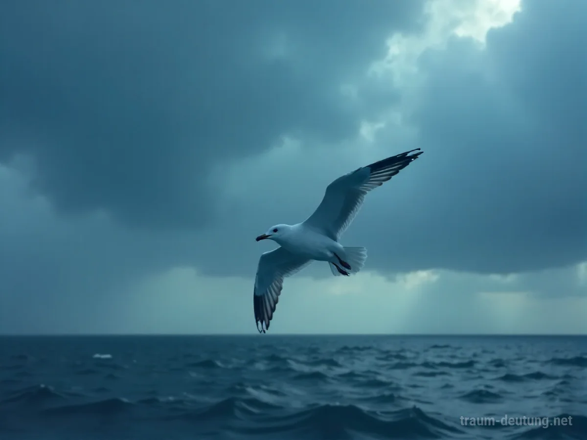 Traumsymbol Möwe: Eine einzelne Möwe gleitet majestätisch vor einem dramatischen, stürmischen Himmel mit dunklen Wolken über einem turbulenten Meer.