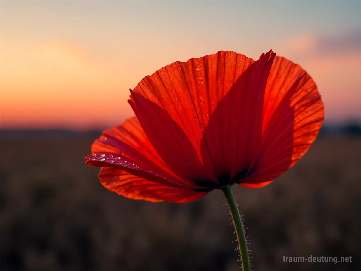 Traumsymbol Mohn: Eine einzelne, leuchtend rote Mohnblume in einem weiten, trockenen Feld unter einem Zwielichthimmel, mit feinen Tau-Tropfen auf den Blütenblättern.