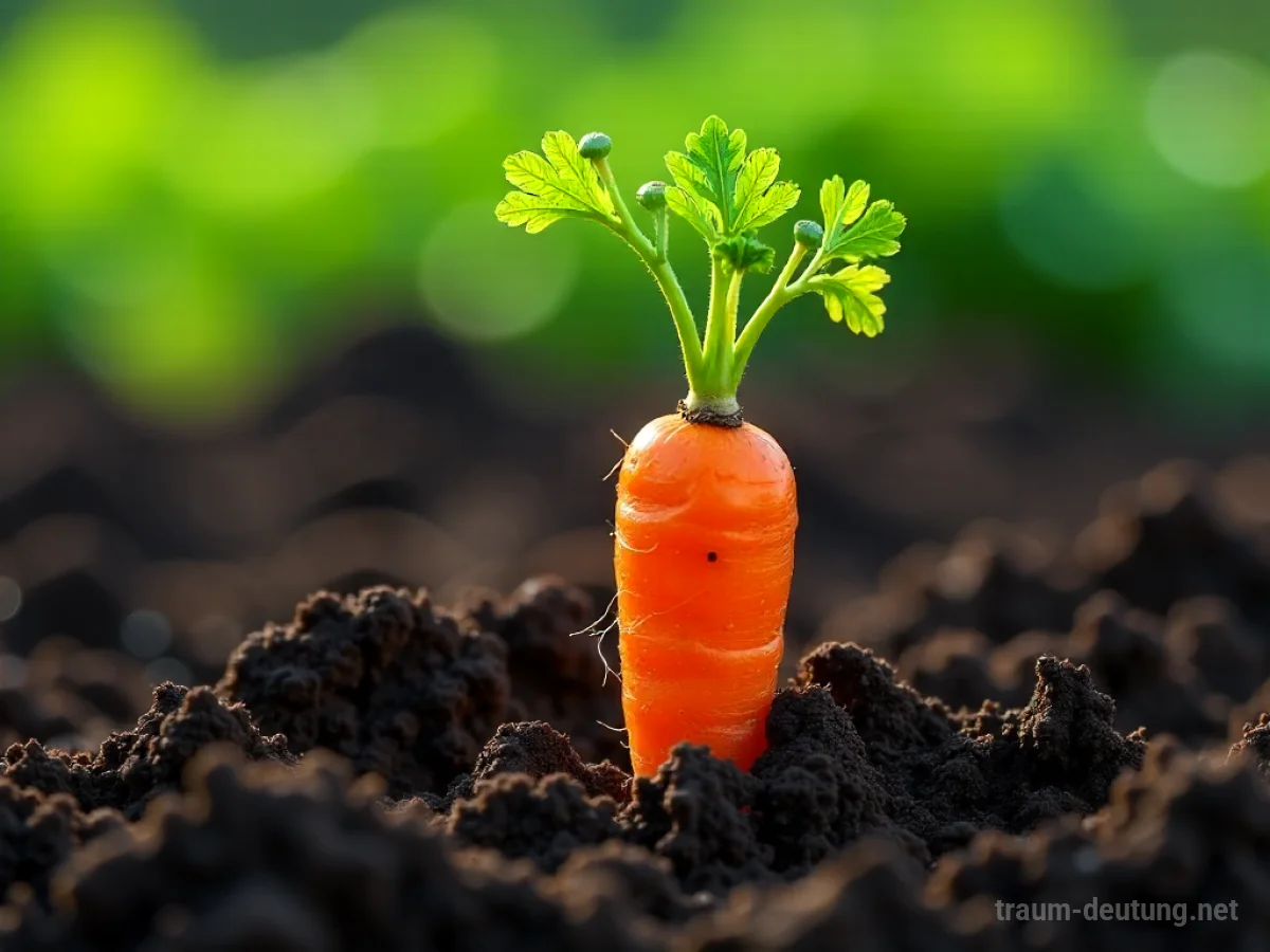 Traumsymbol Mohrrübe: Eine leuchtend orangefarbene Karotte mit grünen Blättern ragt aus dunkler, feuchter Erde, beleuchtet von sanftem Tageslicht.