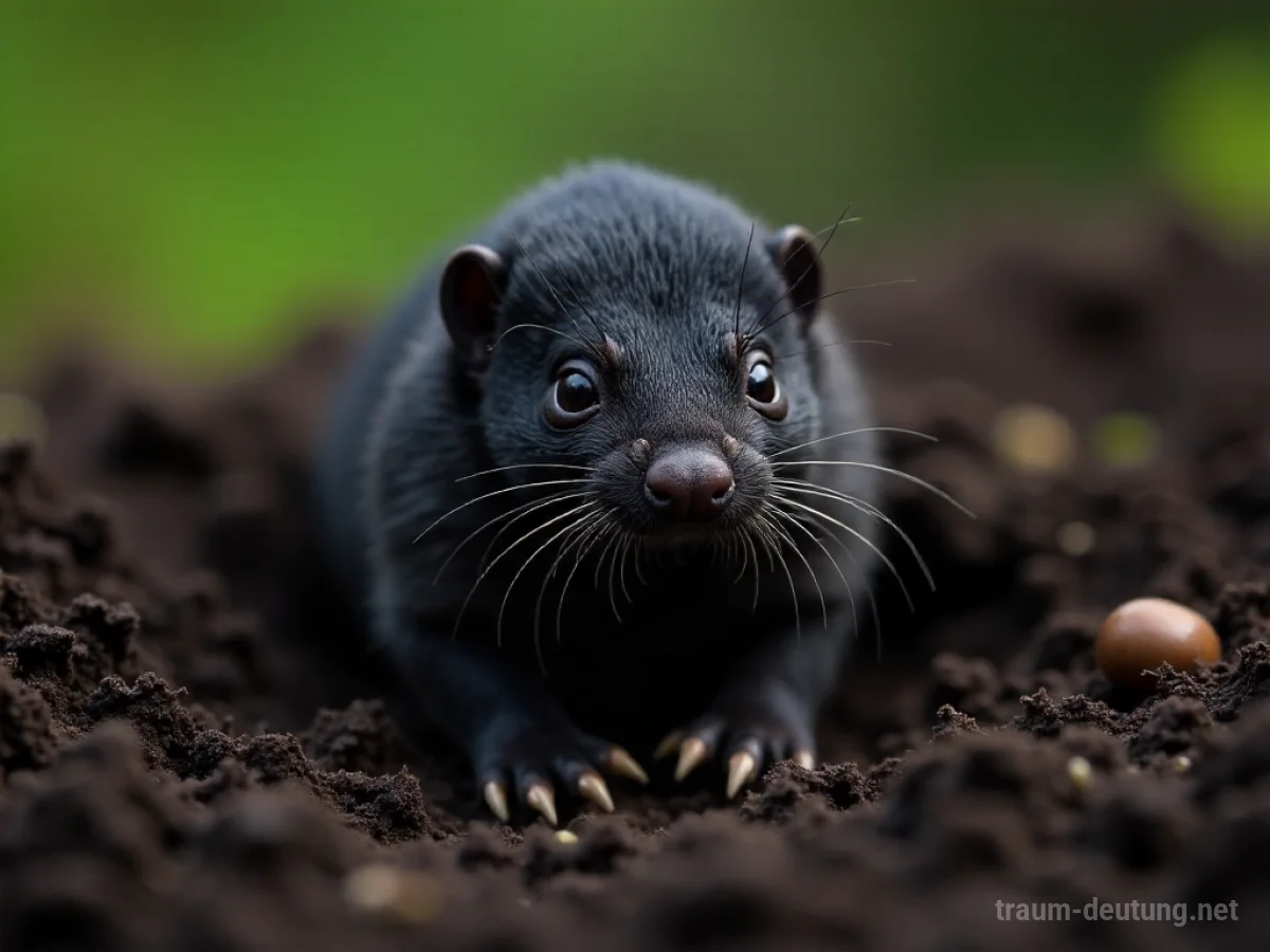 Traumsymbol Mole: Ein realistisches Foto eines Maulwurfs, der aus dunkler, feuchter Erde hervorkommt, beleuchtet von sanftem Licht.
