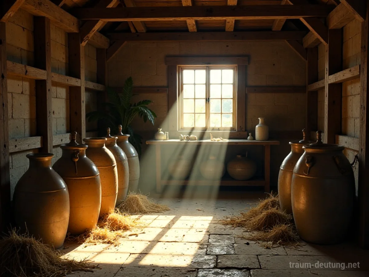 Traumsymbol Molkerei: Ein rustikales Molkerei-Interieur mit Holzbalken und Heu, beleuchtet von warmem Sonnenlicht, das durch ein Fenster fällt.