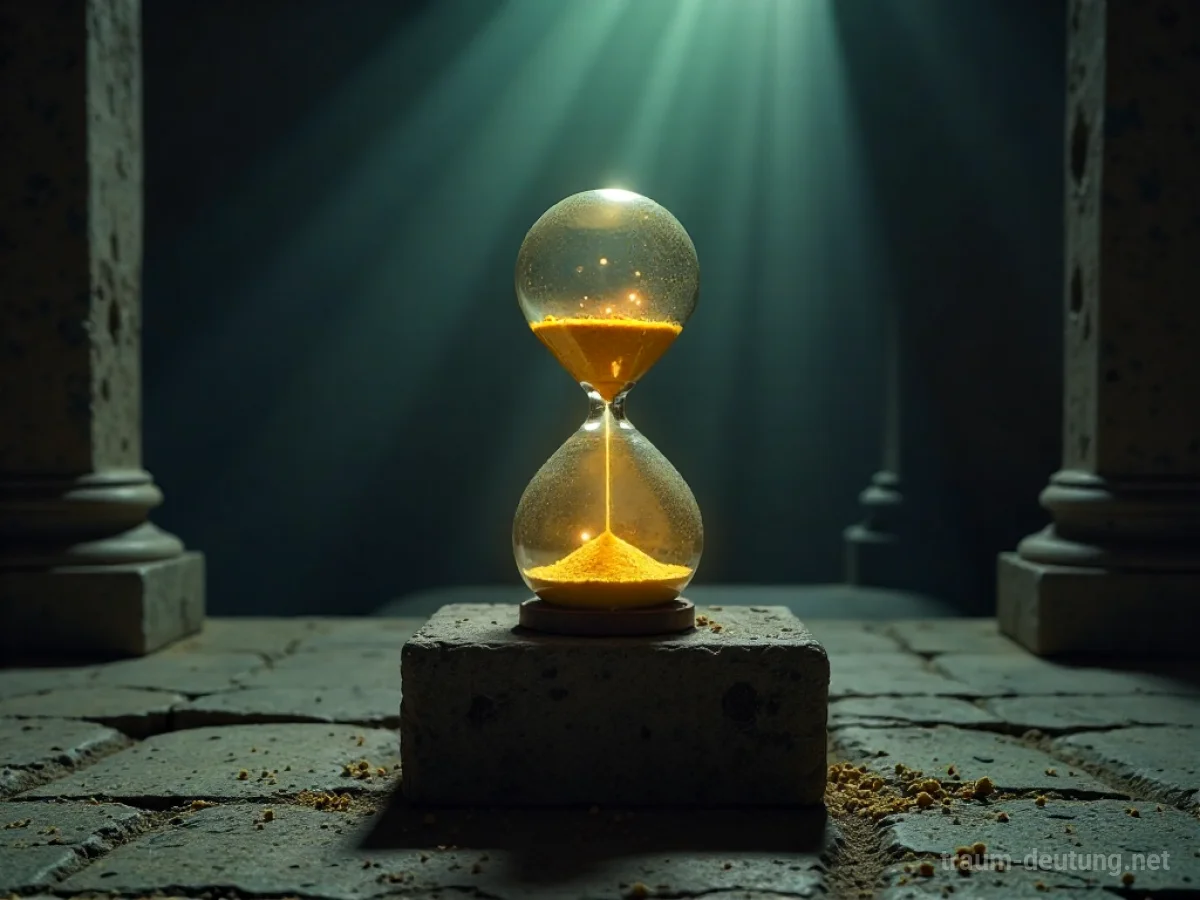 Traumsymbol Moment: Eine leuchtende Sanduhr steht auf einem steinernen Podest in einer dunklen Kammer, das Sandkorn ist gefroren.