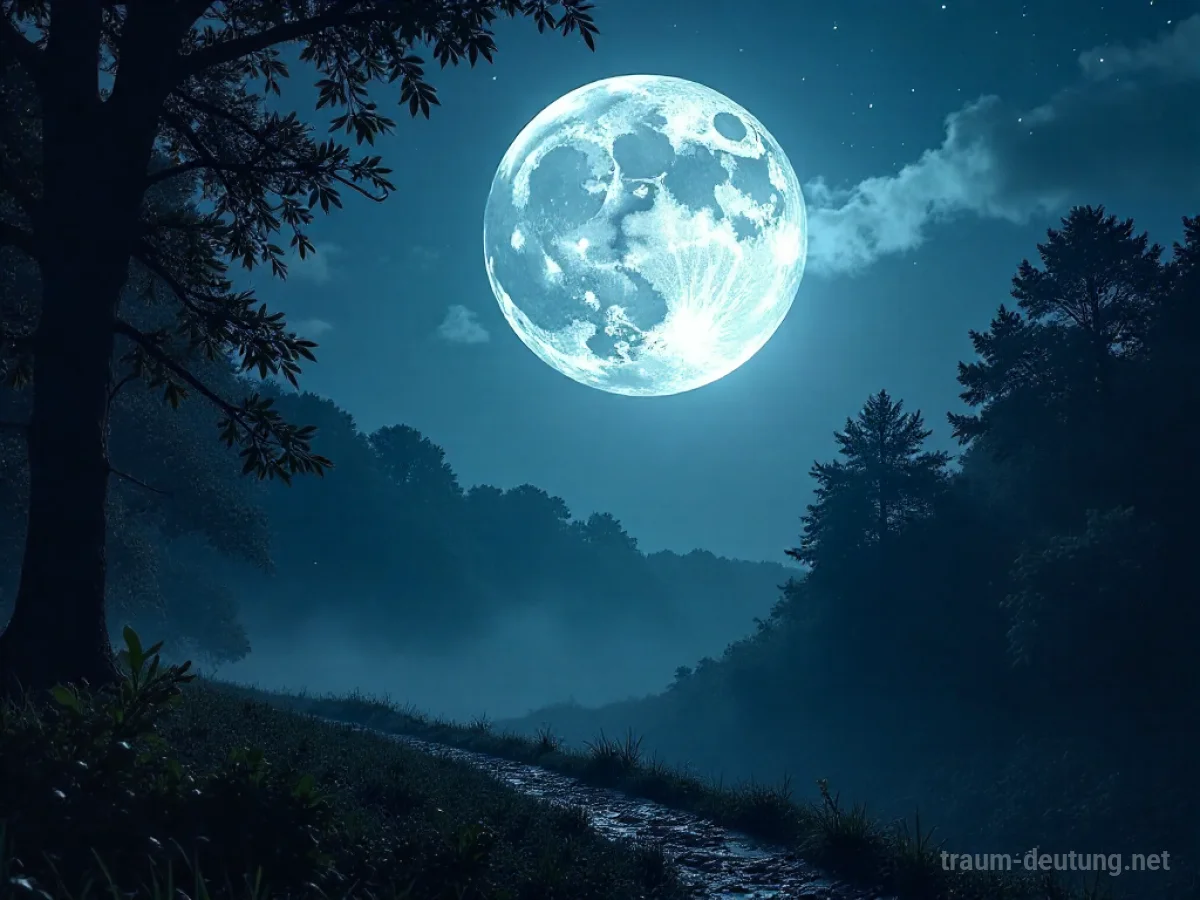 Traumsymbol Mond: Ein voller, leuchtender Mond hängt tief am sternenübersäten Nachthimmel über einem dunklen Wald, der in silbrigem Mondlicht getaucht ist.