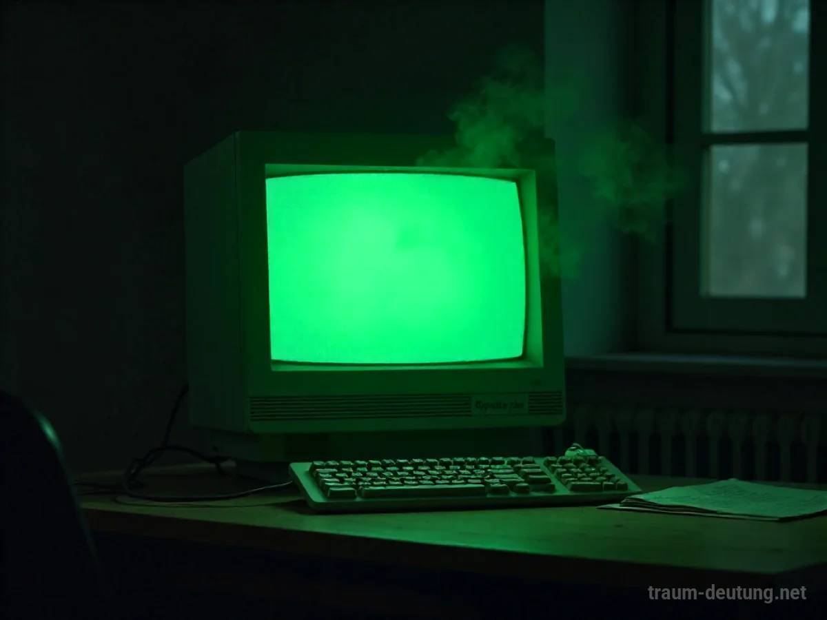 Traumsymbol Monitor: Ein alter Röhrenmonitor steht auf einem dunklen Schreibtisch und leuchtet mit einem unheimlichen grünen Licht, umgeben von Schatten und Staub.