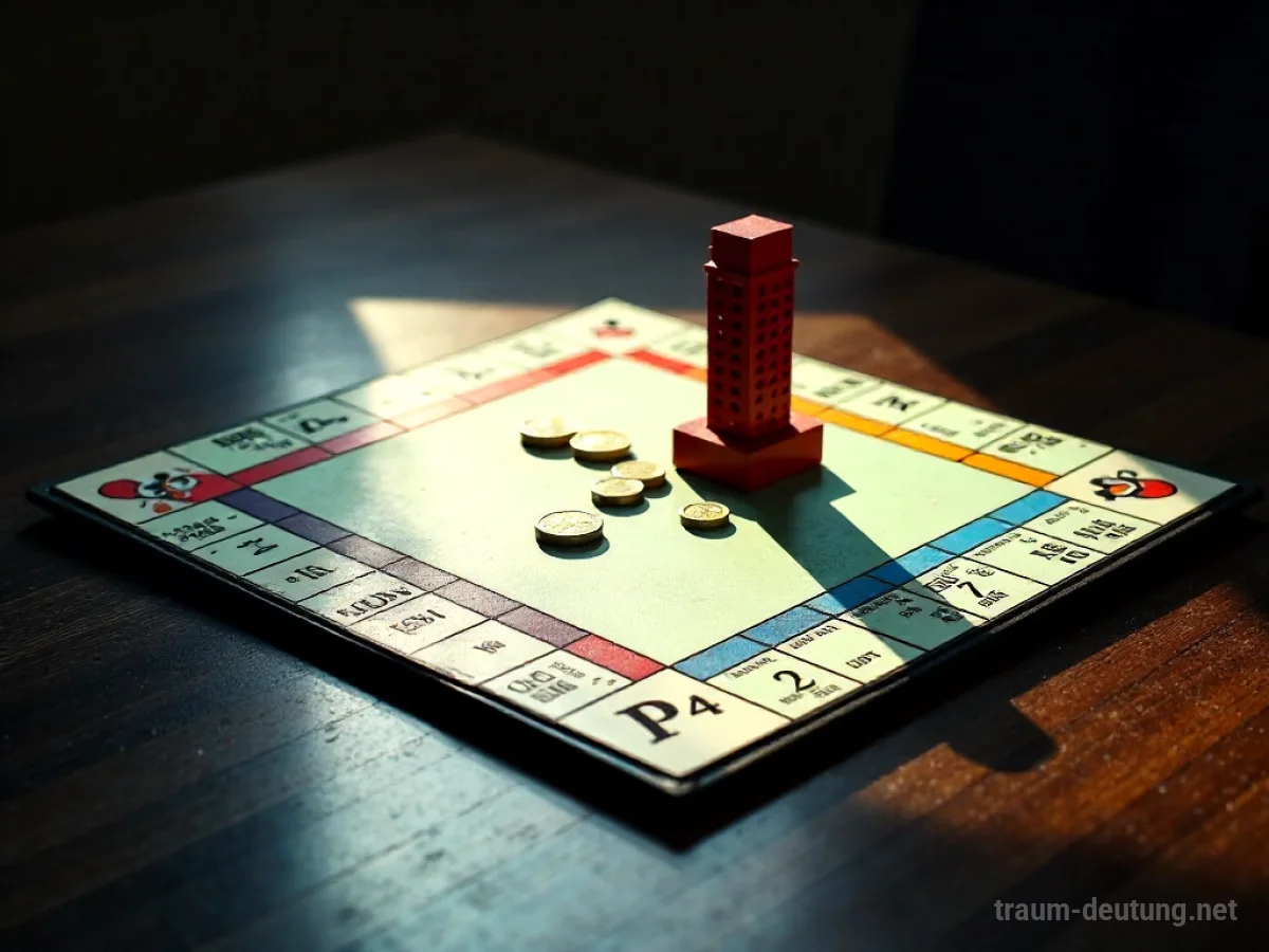 Traumsymbol Monopol: Ein einzelnes, abgenutztes Monopolspielbrett liegt auf einem dunklen Holztisch, mit einem roten Hotel und verstreutem Geld, beleuchtet von einem dramatischen Spotlight.
