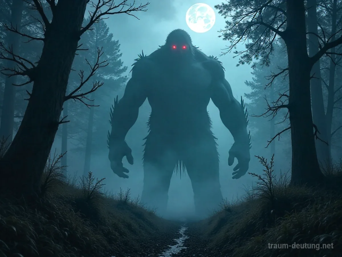 Traumsymbol Monster: Eine kolossale, schattenhafte Kreatur mit glühenden roten Augen steigt aus einem dichten, nebelverhangenen Wald auf, während schwaches Mondlicht durch die Äste fällt.