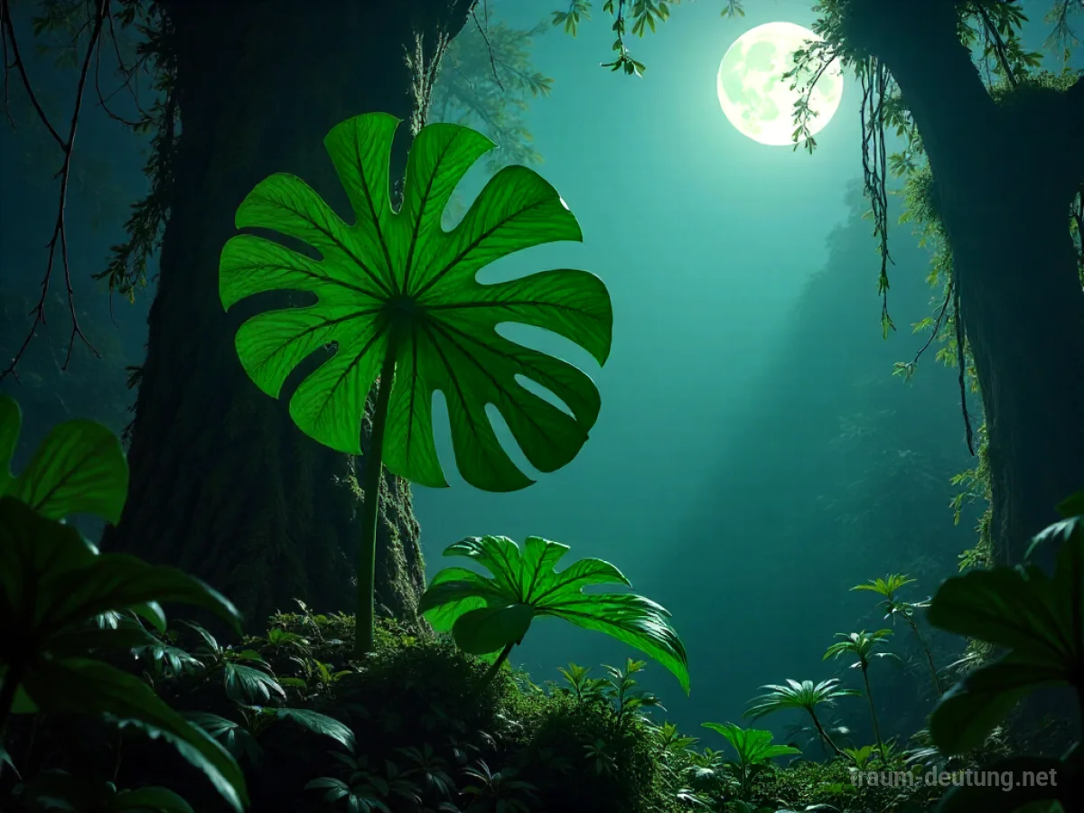 Traumsymbol Monstera: Eine üppige Monstera-Pflanze mit geschlitzten Blättern im mystischen Mondlicht eines dichten Dschungels.