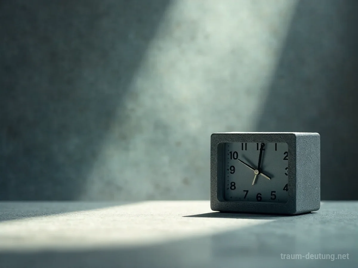 Traumsymbol Montag: Ein grauer Beton-Wecker steht auf einem minimalistischen Schreibtisch, beleuchtet von einem einzelnen, kühlen Lichtstrahl im Morgengrauen.