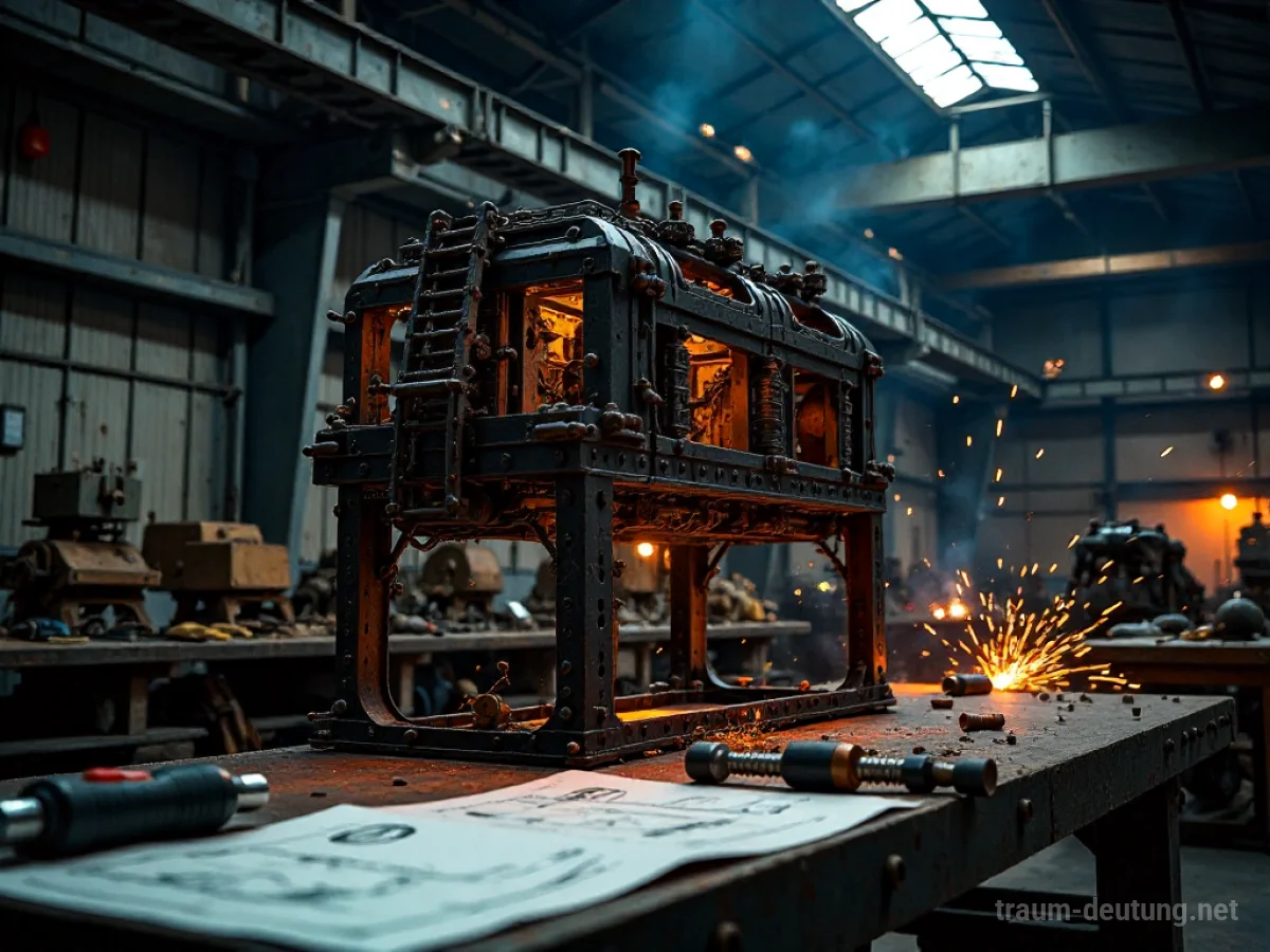 Traumsymbol Montage: Eine komplexe, mehrschichtige Metallstruktur wird Stück für Stück in einer weitläufigen, schwach beleuchteten Werkstatt zusammengebaut, Funken fliegen.