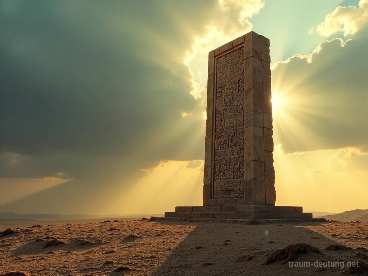 Traumsymbol Monument: Ein kolossales, verwittertes Steinmonument steht allein auf einer kargen, windgepeitschten Ebene unter einem dramatischen Himmel, beleuchtet von goldenen Sonnenstrahlen.