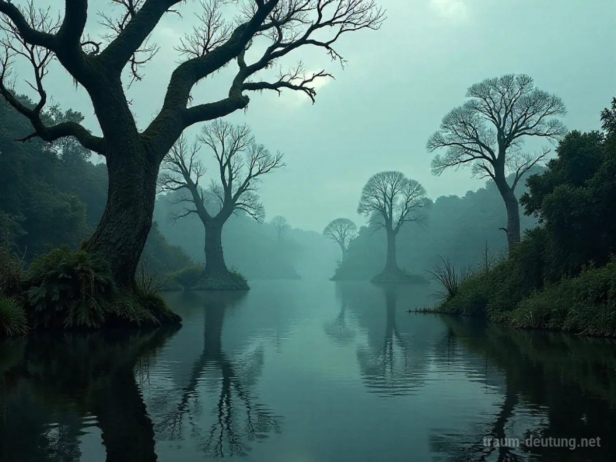 Traumsymbol Moor: Ein düsterer, nebelverhangener Moorlandschaft mit knorrigen Bäumen und trübem Wasser unter einem dramatischen Himmel.