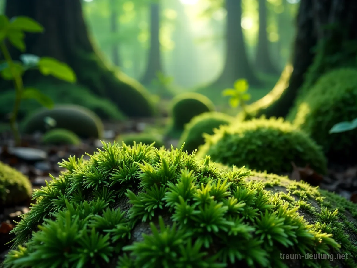 Traumsymbol Moos: Üppiges, dunkelgrünes Moos bedeckt alte Steine in einem mystischen Wald, mit glitzernden Tautropfen und gefiltertem Sonnenlicht.