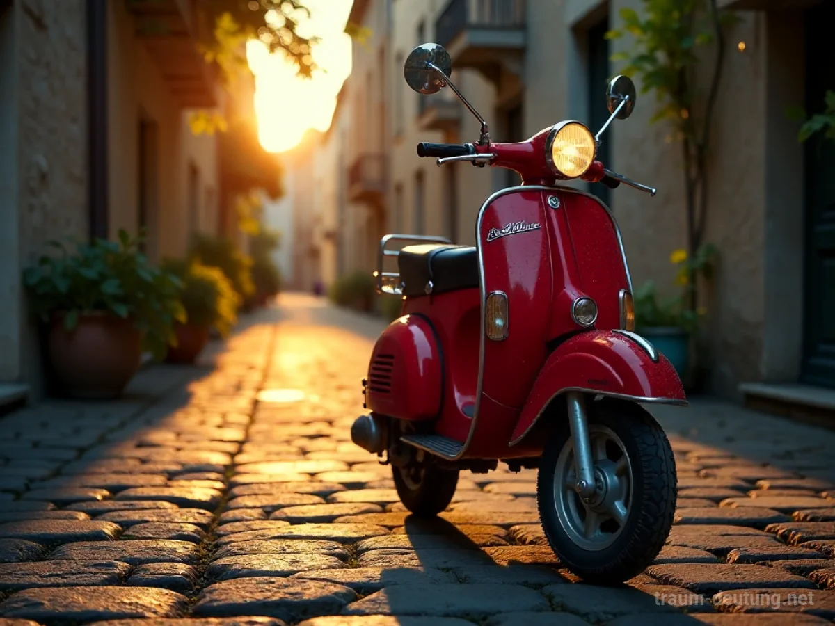 Traumsymbol Moped: Ein rotes Vintage-Moped steht auf einer kopfsteingepflasterten Straße in einem ruhigen Dorf bei Dämmerung, beleuchtet von warmem Fensterlicht.