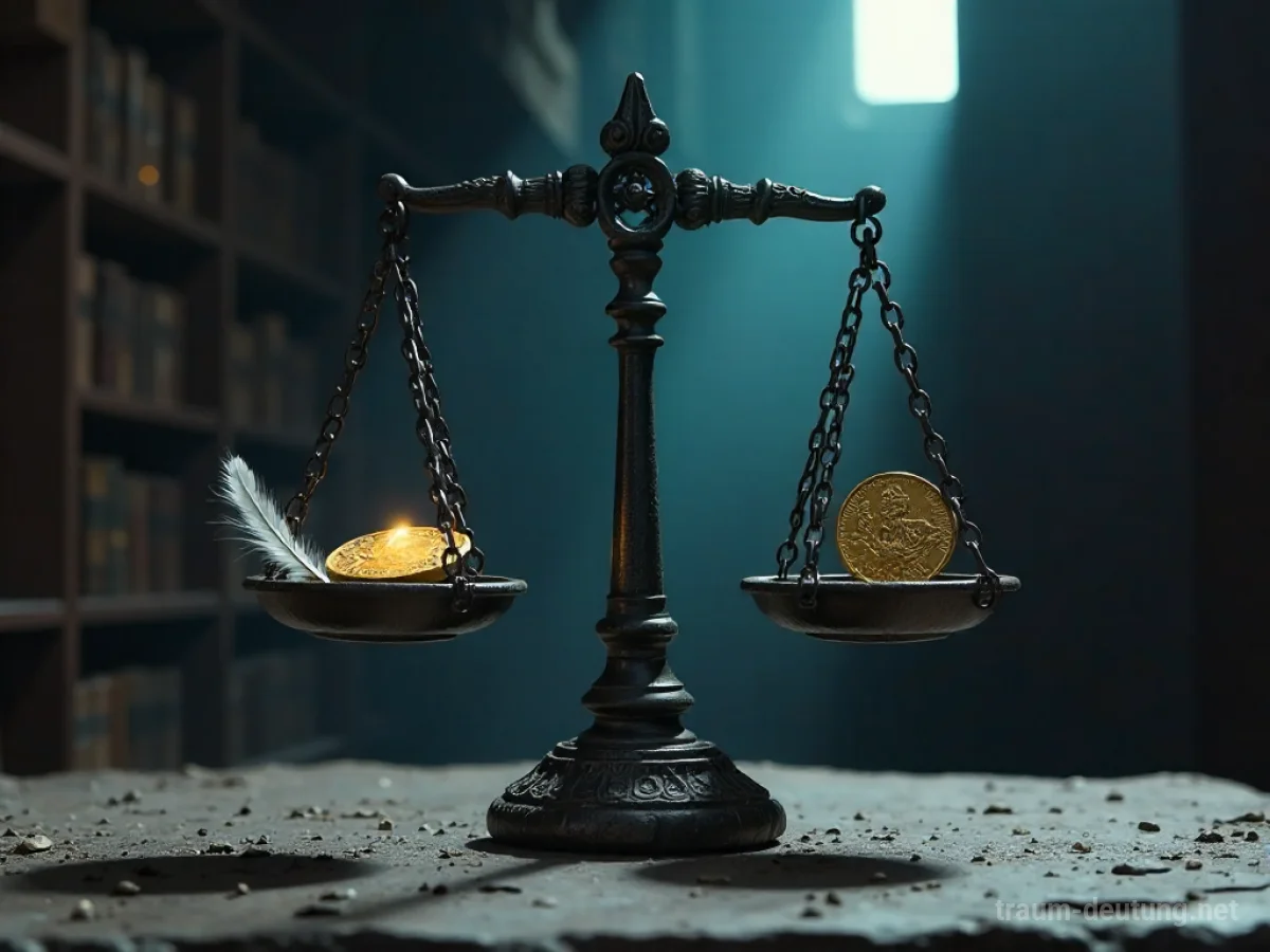 Traumsymbol Moral: Eine steinerne Waage der Gerechtigkeit steht in einer düsteren Bibliothek, eine Feder gegen eine Goldmünze abwägend.