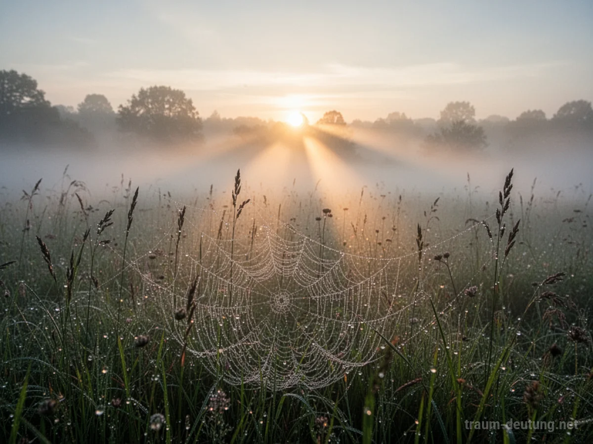 Traumsymbol Morgen: Die ersten goldenen Sonnenstrahlen brechen durch dichten Nebel über einer taufrischen Wiese und symbolisieren Hoffnung und Neubeginn.