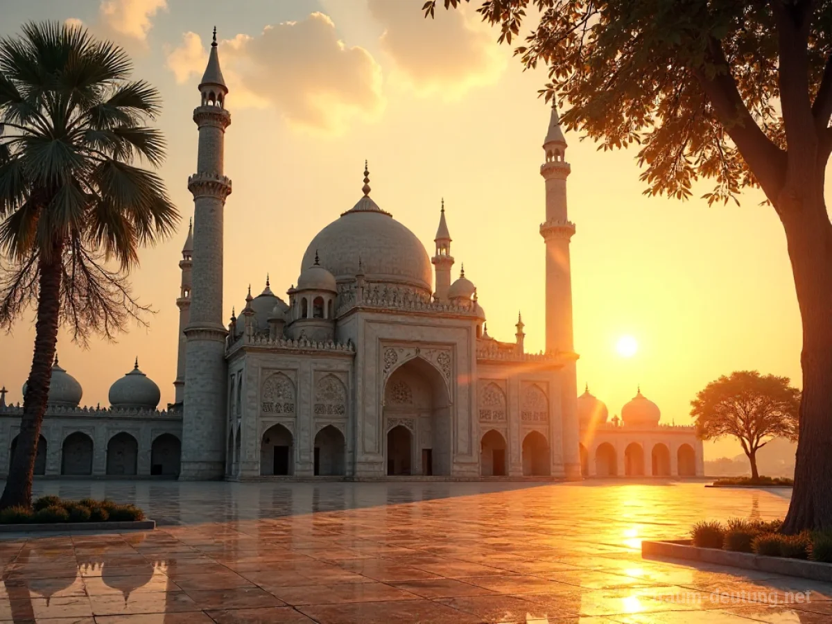 Traumsymbol Moschee: Eine majestätische, detailreiche Moschee im warmen Licht der untergehenden Sonne, umgeben von einem ruhigen Innenhof.
