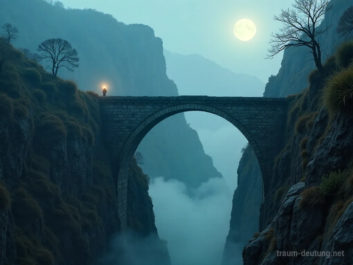 Traumsymbol Most: Eine alte Steinbrücke wölbt sich über einen nebelverhangenen Abgrund im Mondlicht.