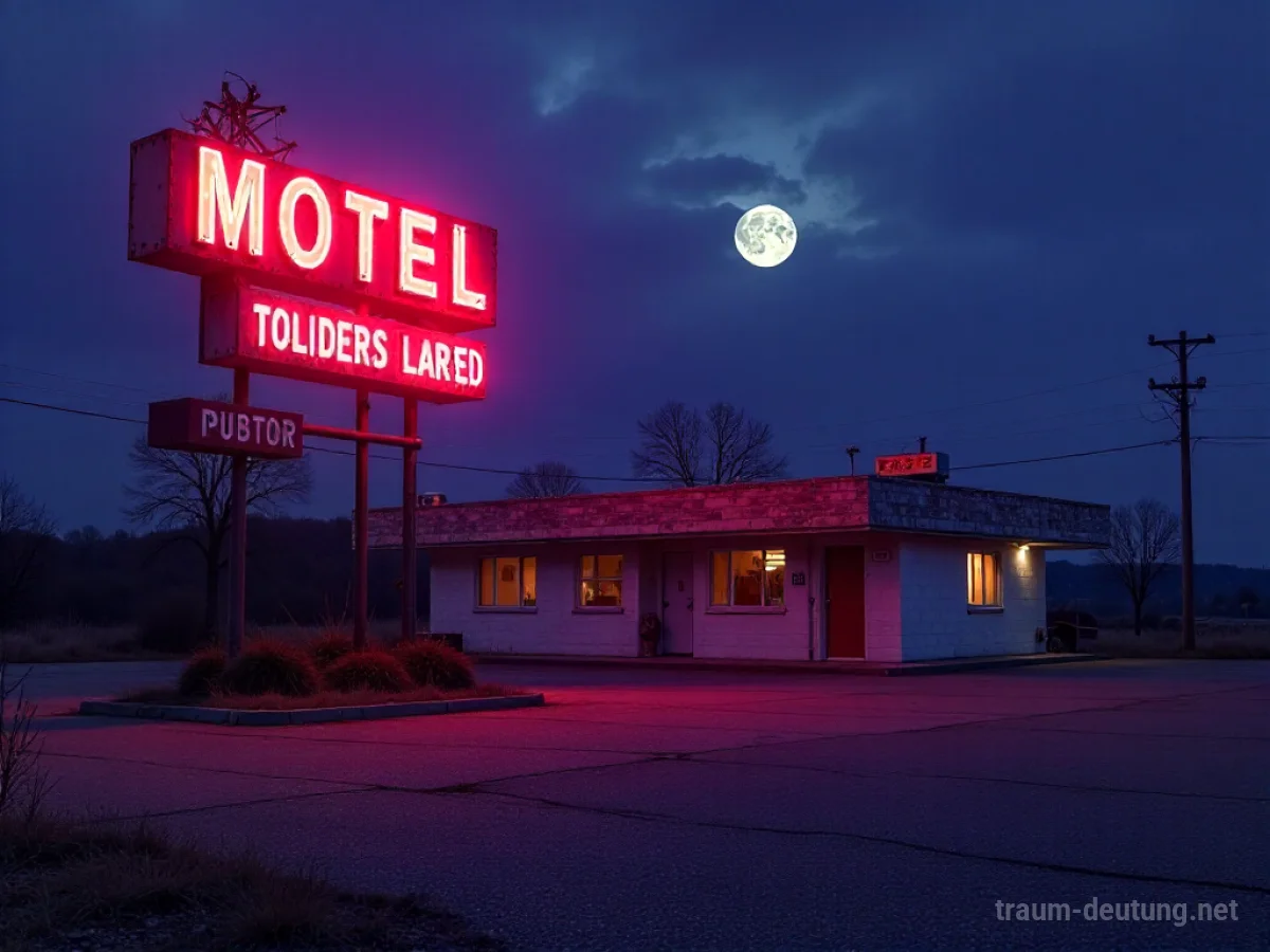 Traumsymbol Motel: Ein verwittertes, neonbeleuchtetes Motel-Schild flackert in der Dämmerung über einem dunklen Parkplatz mit leeren Fenstern, beleuchtet von schwachem Mondlicht.