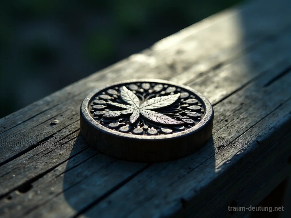 Traumsymbol Motiv: Ein kunstvoll geschnitztes hölzernes Motiv, wie ein stilisiertes Blatt, liegt auf einer dunklen Holzoberfläche im sanften Mondlicht, umgeben von feinem Nebel.