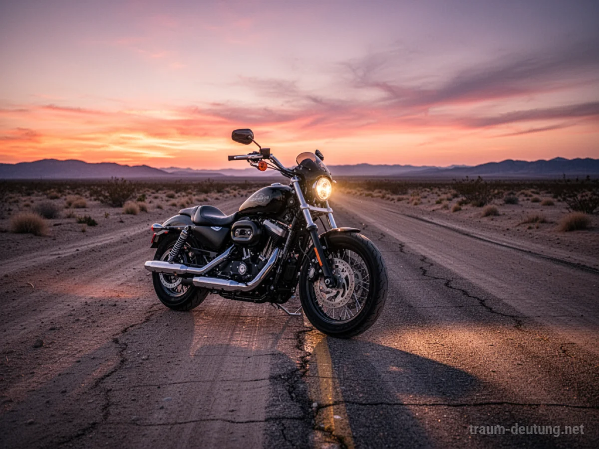 Traumdeutung Motorrad: Ein glänzendes schwarzes Motorrad mit Chromdetails steht auf einer einsamen, staubigen Wüstenautobahn bei Sonnenuntergang.