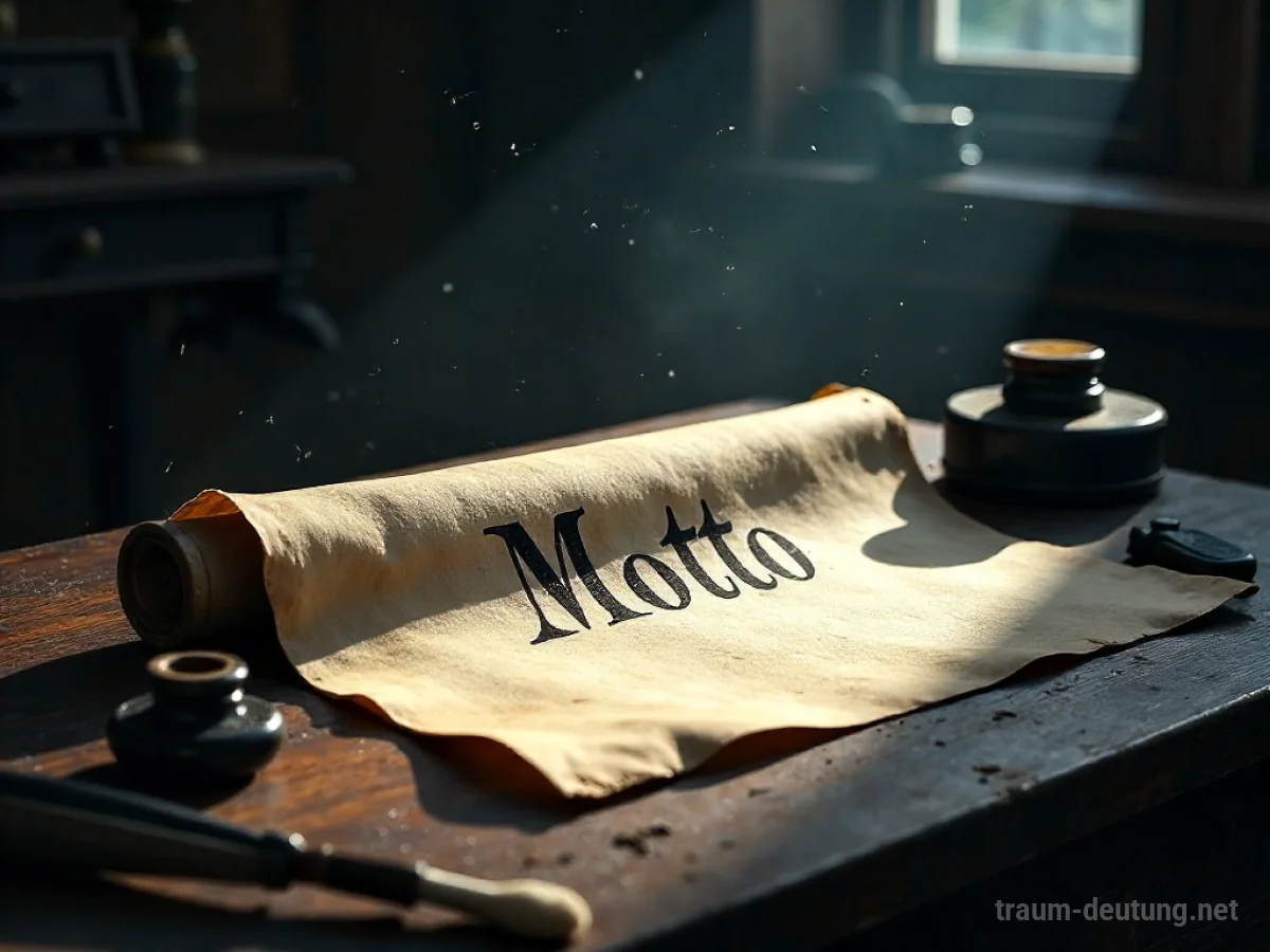 Traumdeutung Motto: Eine alte Schriftrolle mit dem Wort 'Motto' entrollt sich in einem dunklen Studierzimmer im Mondlicht.