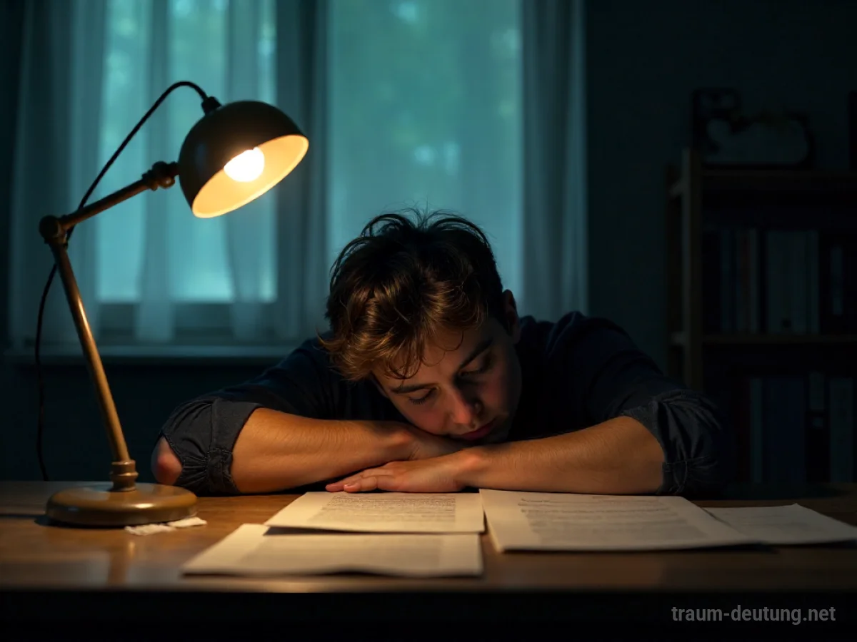 Traumsymbol Müde: Eine Person ist erschöpft über einem Schreibtisch in einem schwach beleuchteten Raum zusammengebrochen, umgeben von verstreuten Papieren unter dem Schein einer einzelnen Lampe.