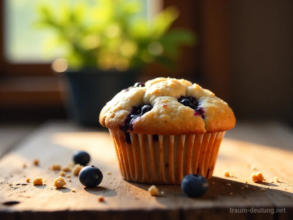 Traumsymbol Muffin: Ein frisch gebackener Blaubeermuffin liegt auf einem rustikalen Holztisch, beleuchtet von warmem Morgenlicht.