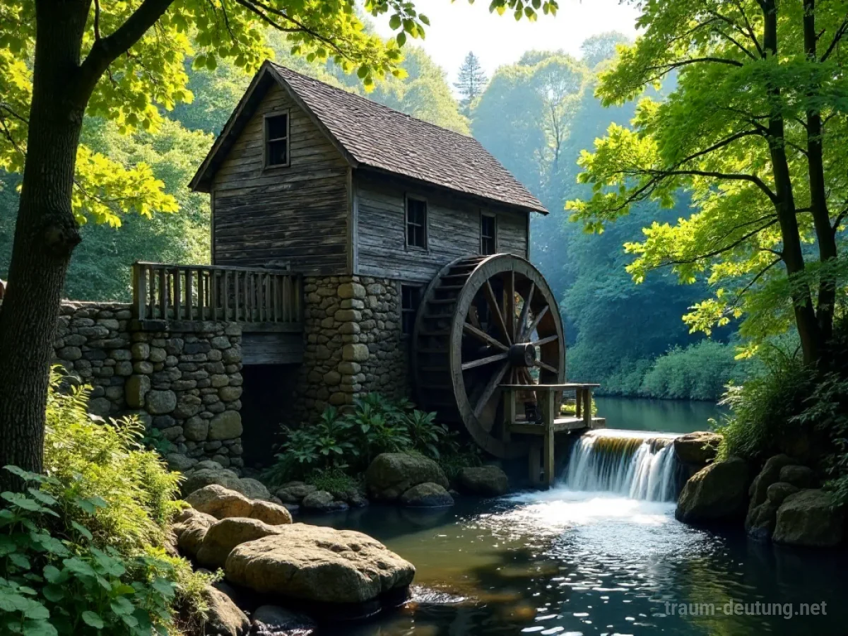 Traumsymbol Mühle: Eine alte Steinmühle mit einem langsam drehenden Wasserrad am Flussufer im sanften Sonnenlicht.